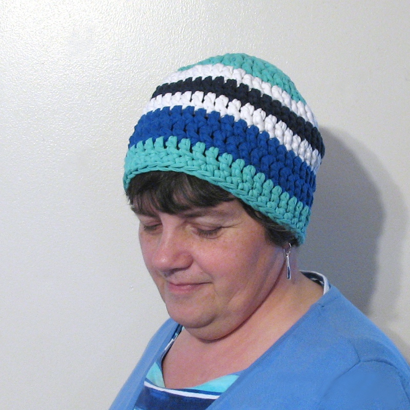 Crochet Beanie Hat using Recycled T Shirt Yarn - Blue and White